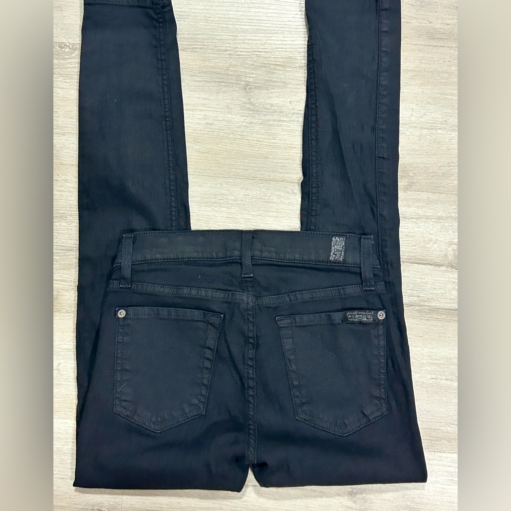 7 For All Mankind Mid Rise Ankle Skinny Stretch Black Soft Shiny Jeans Size 24